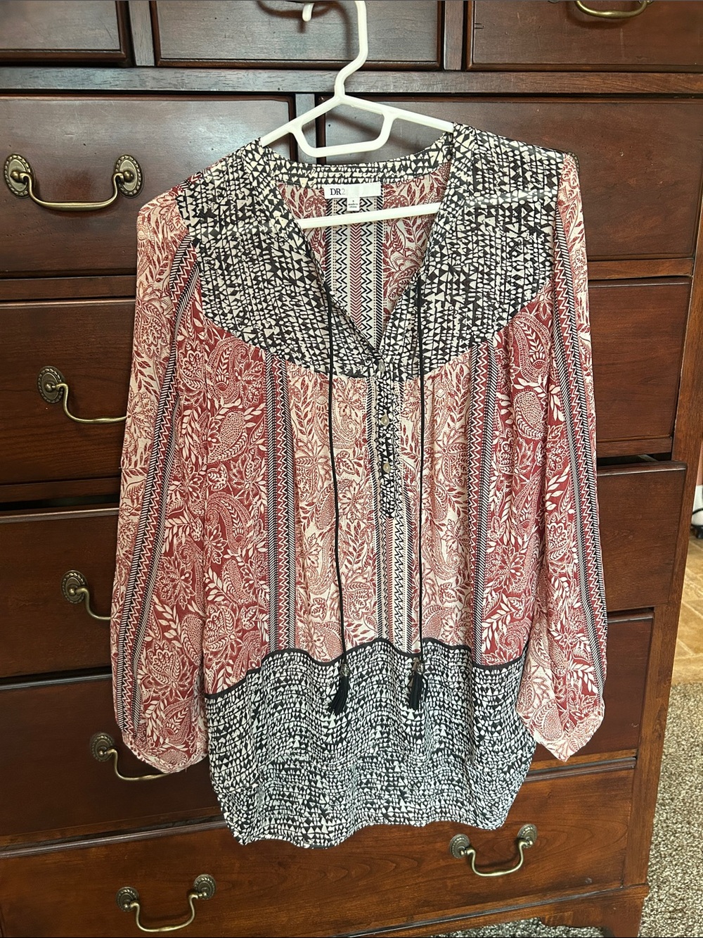 DR2 Women's Rust Red and Black Patterned Peasant Tunic